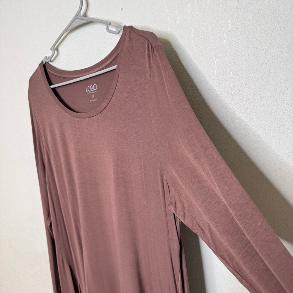 LOGO Lori Goldstein Purple Toned Brown Stretch Lace Tunic 3/4 Sleeve Shirt 1X - Picture 4 of 12